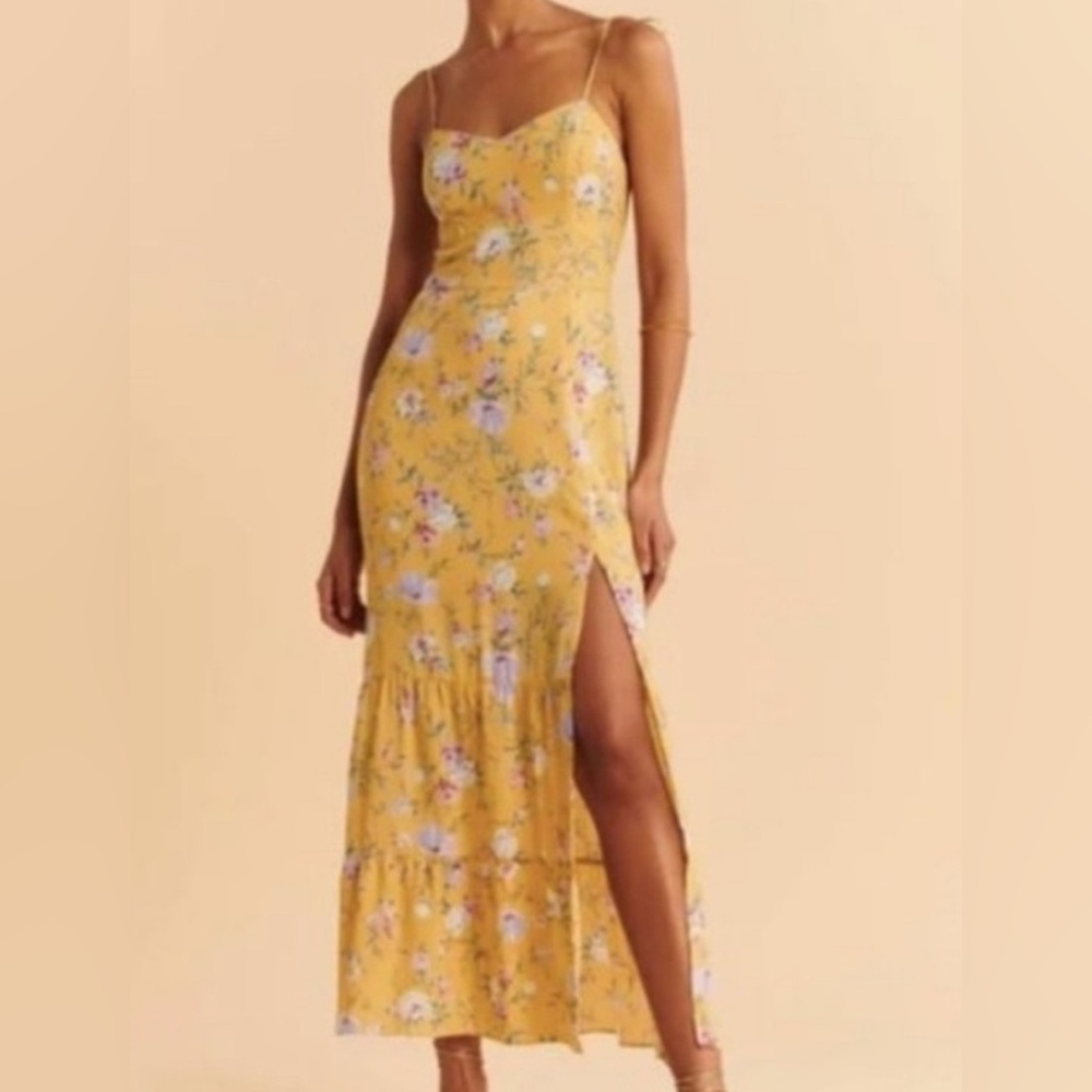 Abercrombie Yellow Floral Maxi Dress with Tie Straps at Shoulders XS